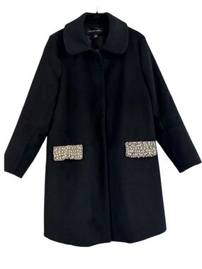 Colleen Lopez Black Wool-Blend Coat with Rhinestone Pocket Panels